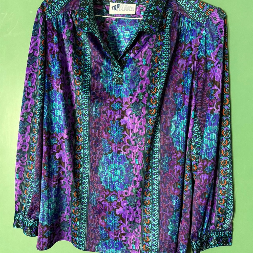 Vintage 80s Top Notch Purple Blue Floral Geometric Boho Blouse Top